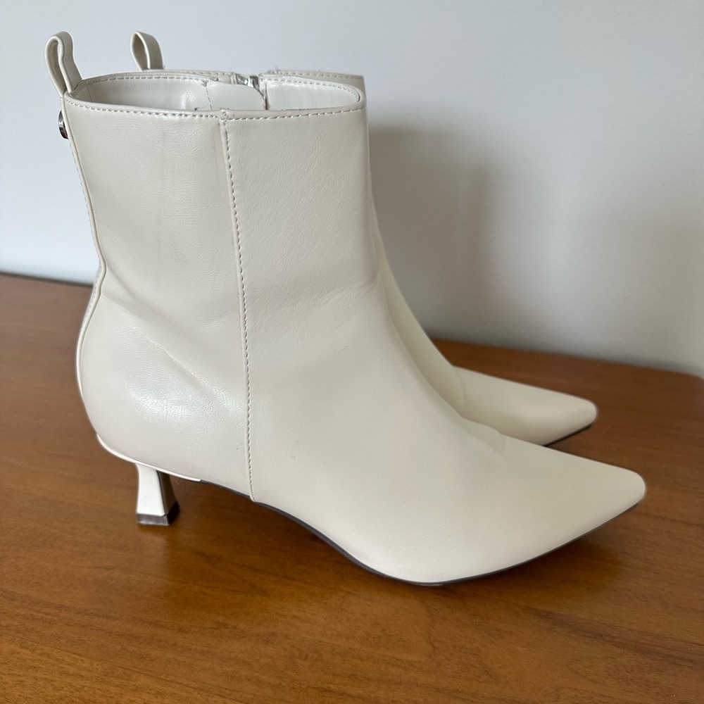 Unisa Cream Kitten Heel Foux Leather Side Zipper Ankle Booties- Chic & Timeless